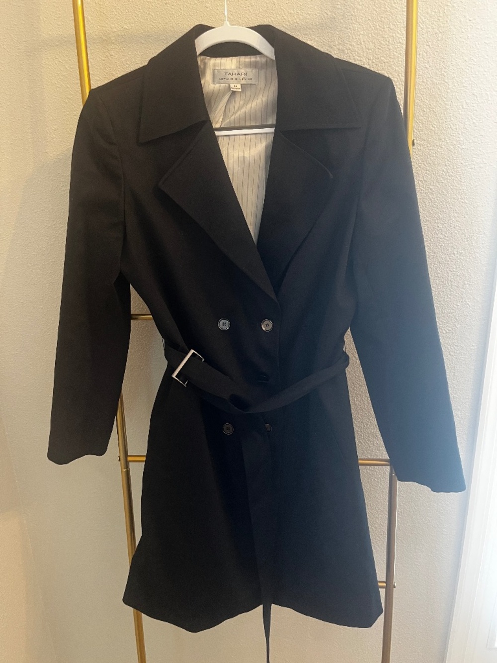 Tahari Arthur S Levine Black Belted Trench Coat Size 14
